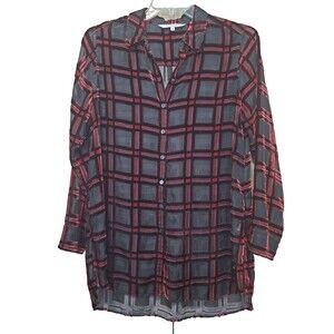 Foxcroft Mesh Velvet Burnout Sheer Button-Up Tunic Size 14 Black Red Lagenlook